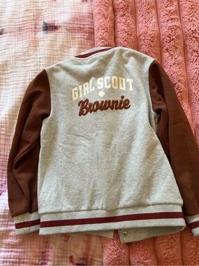 Girl Scout Brownie Two-Tone Varsity Jacket - Gray & Brown Sweatshirt Fleece 7/8